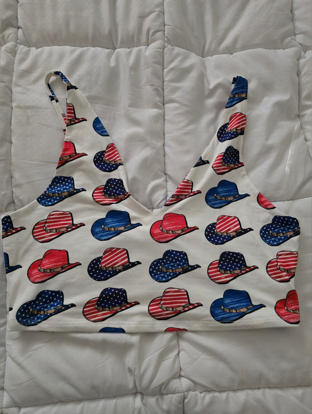 Cavenders Patriotic Cowboy Hat Print Crop Top Red Blue White By Nylon Apparel L